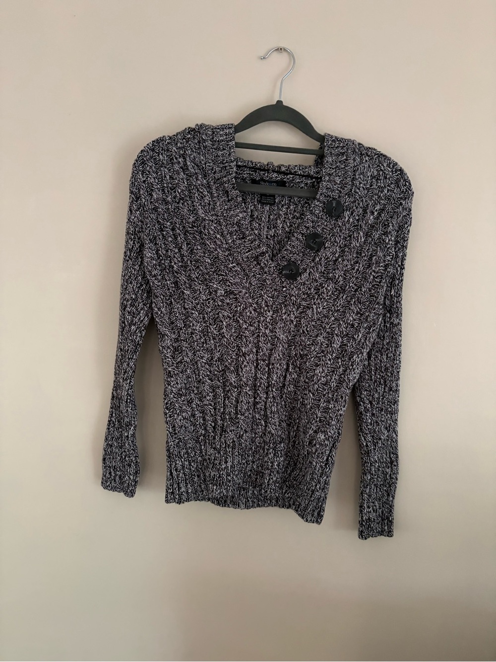 Style & Co. Black and Gray Marled Cable V-Neck Sweater with Shoulder Buttons
